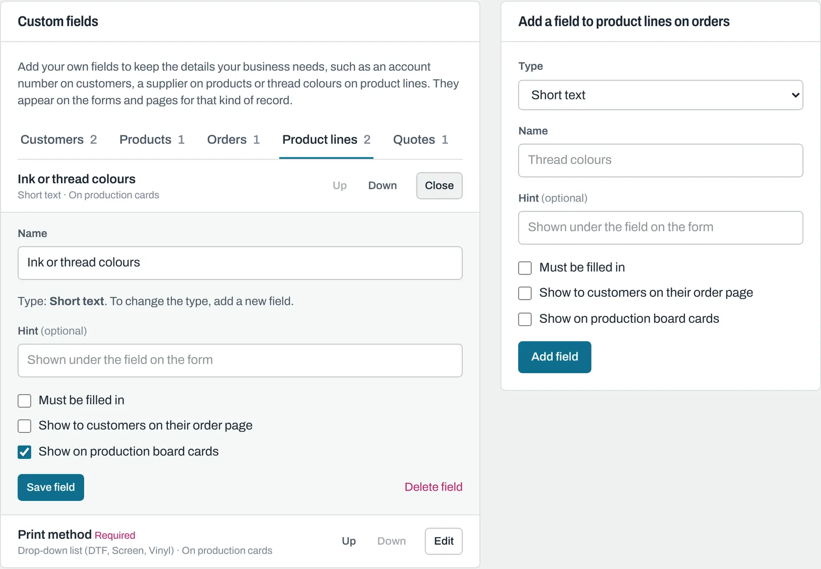 Custom fields in Settings