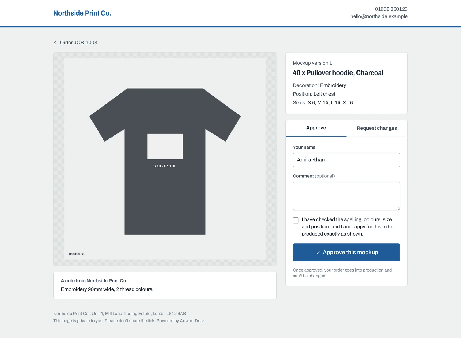 A customer's mockup page