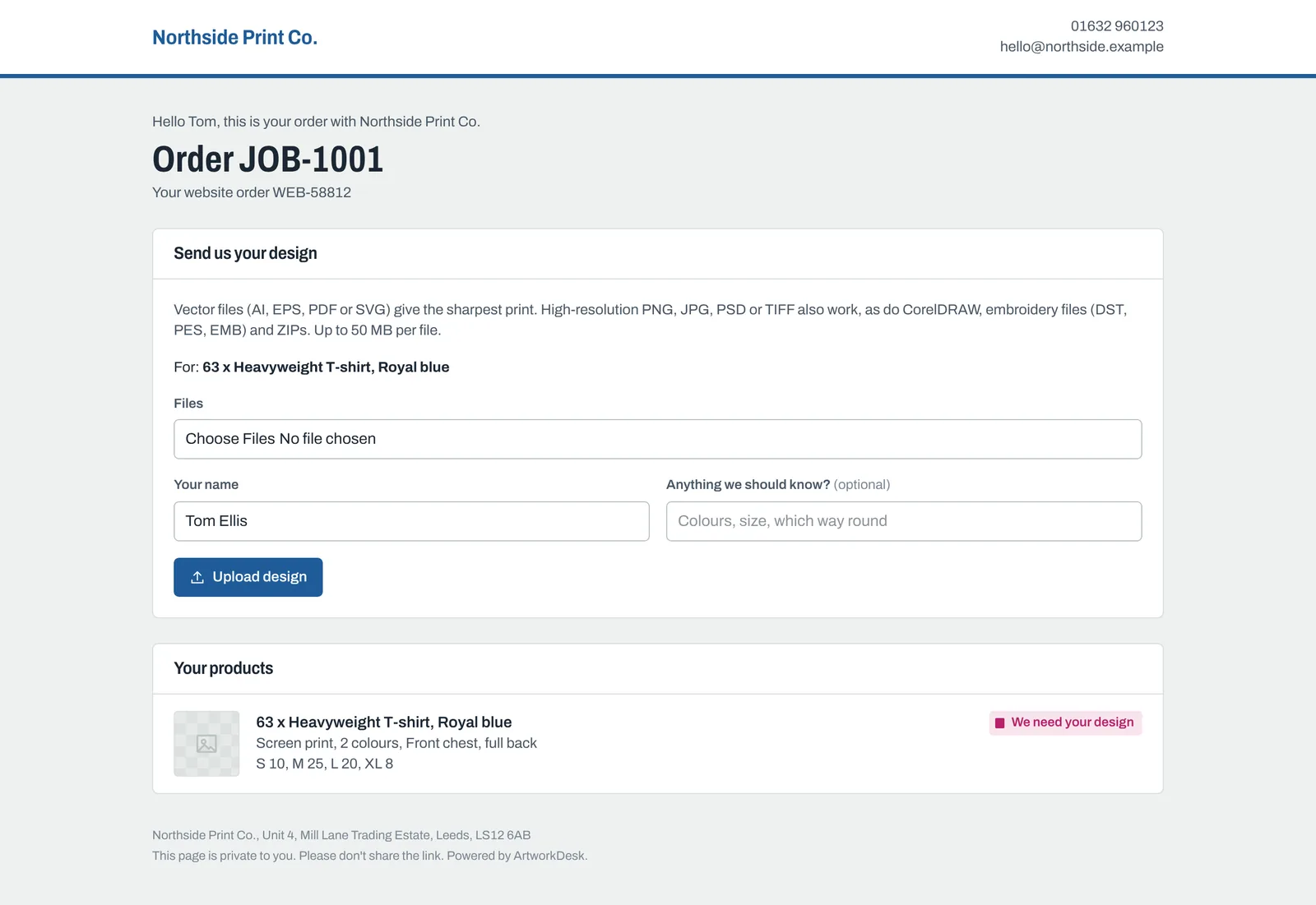 The customer's order page