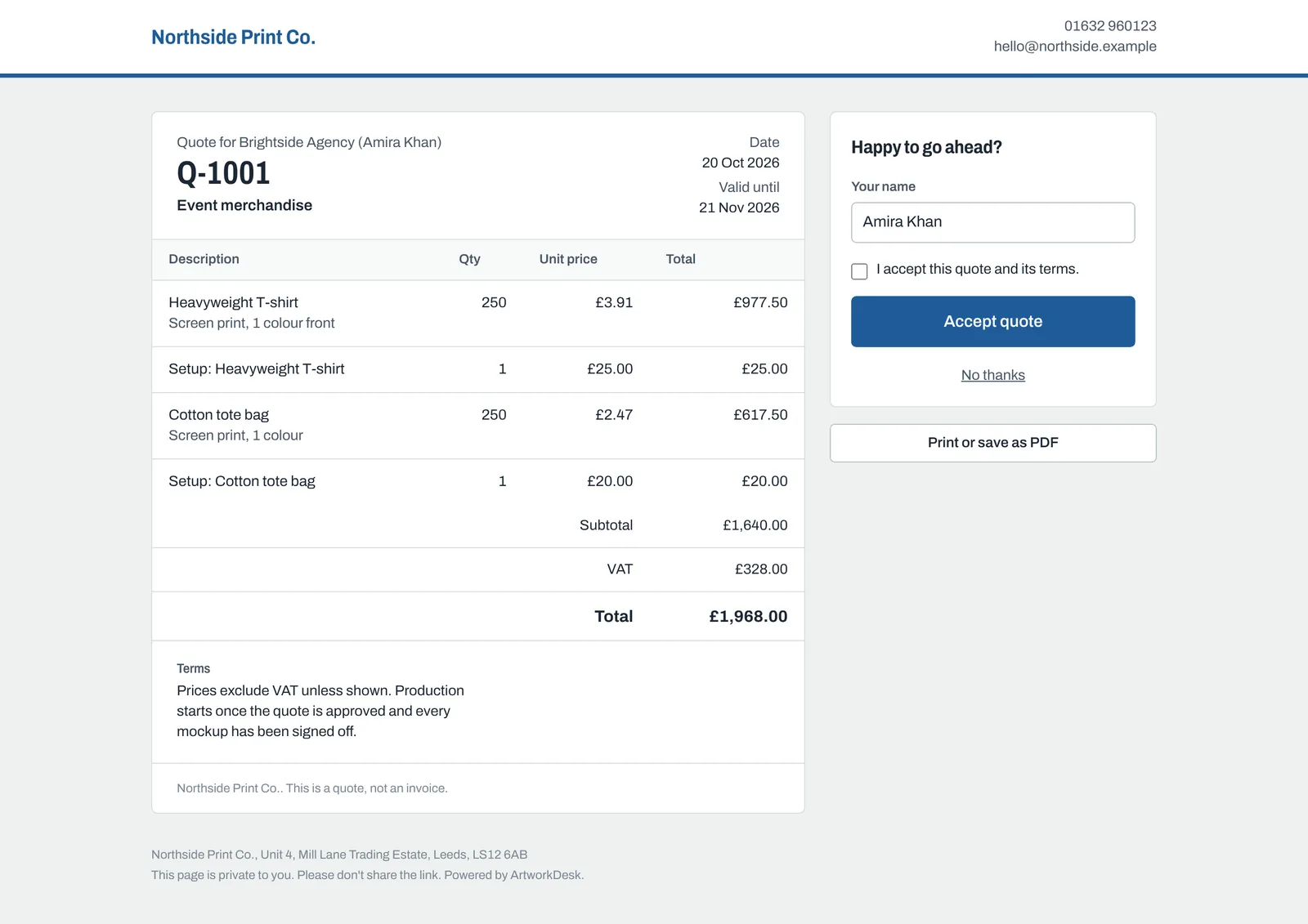 The customer's quote page